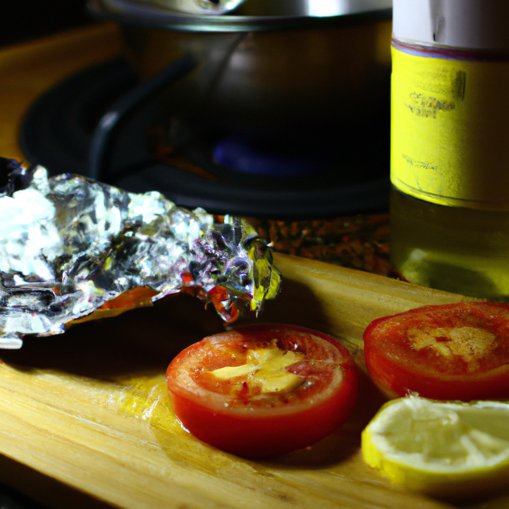 half-sliced tomato, lemon, and vinegar bottle near an aluminum foil pan, all on a wooden kitchen countertop with a visible sizzle or reaction